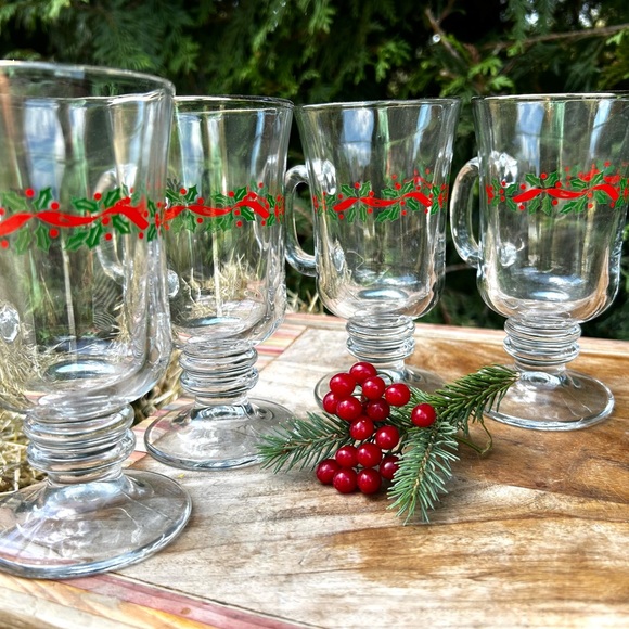 Vintage Libbey Irish Coffee Footed Christmas Mugs w Handles Set of 4 - Picture 12 of 12